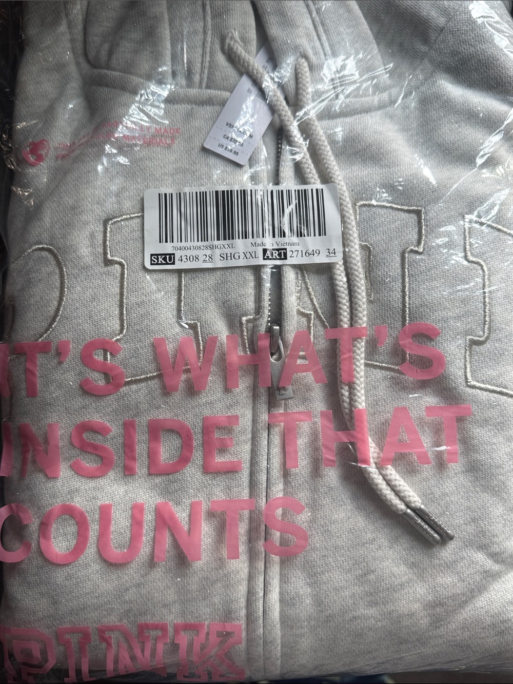 Pink Zip Hoodie - Light Gray with Pink Lettering